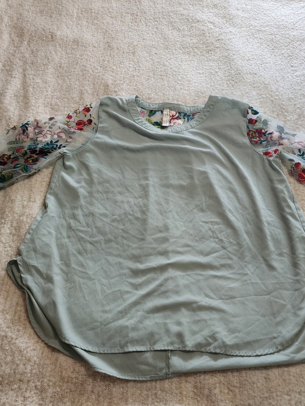 Giddy Up Glamour Sage Green Boho Blouse Sheer Floral Embroidered Sleeves